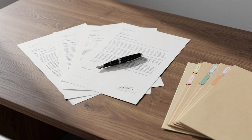 The image depicts a wooden desk cluttered with legal documents, a pen, and file folders, suggesting a workspace focused on workers compensation claims. This setting may be associated with injured workers navigating the legal process to secure benefits for workplace injuries in Louisiana.