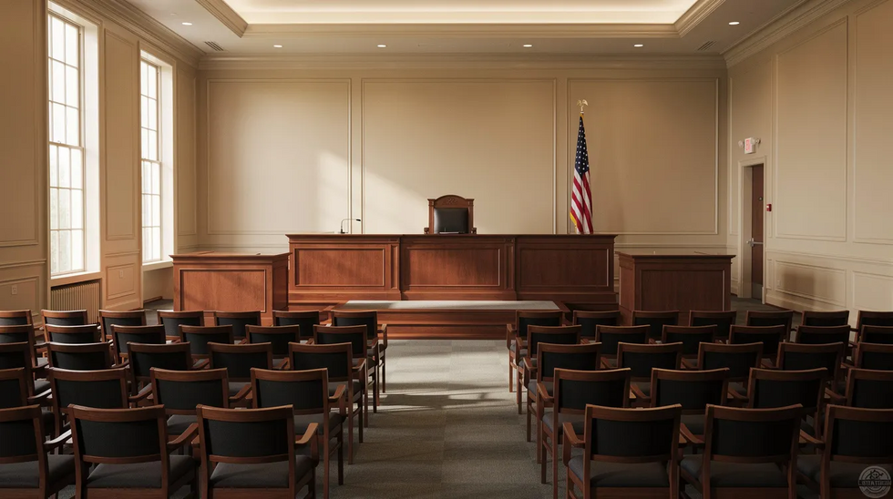 The image shows an empty formal hearing room featuring rows of chairs, a judge's bench, and an American flag, creating a solemn atmosphere typical of a workers compensation hearing. This setting is where injured workers may present their claims and legal arguments related to workplace injuries and compensation benefits in Louisiana.