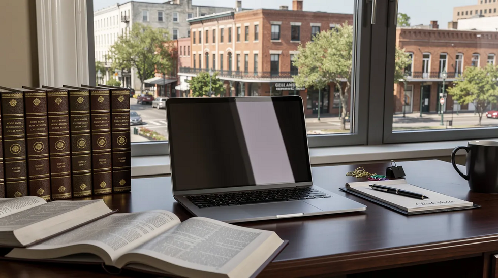 The image depicts a professional office workspace featuring a laptop, legal books, and a window that reveals a Louisiana cityscape, suggesting an environment where legal matters, such as workers' compensation claims and workplace injuries, are addressed. This setting may be utilized by Louisiana workers compensation lawyers assisting injured workers with their claims and benefits.