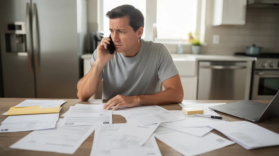 A person sits at a kitchen table surrounded by paperwork, holding a smartphone to their ear as they engage in a conversation, possibly about their workers compensation claim or medical treatment related to a workplace injury. The scattered documents may include medical records and legal information relevant to their case in Louisiana.