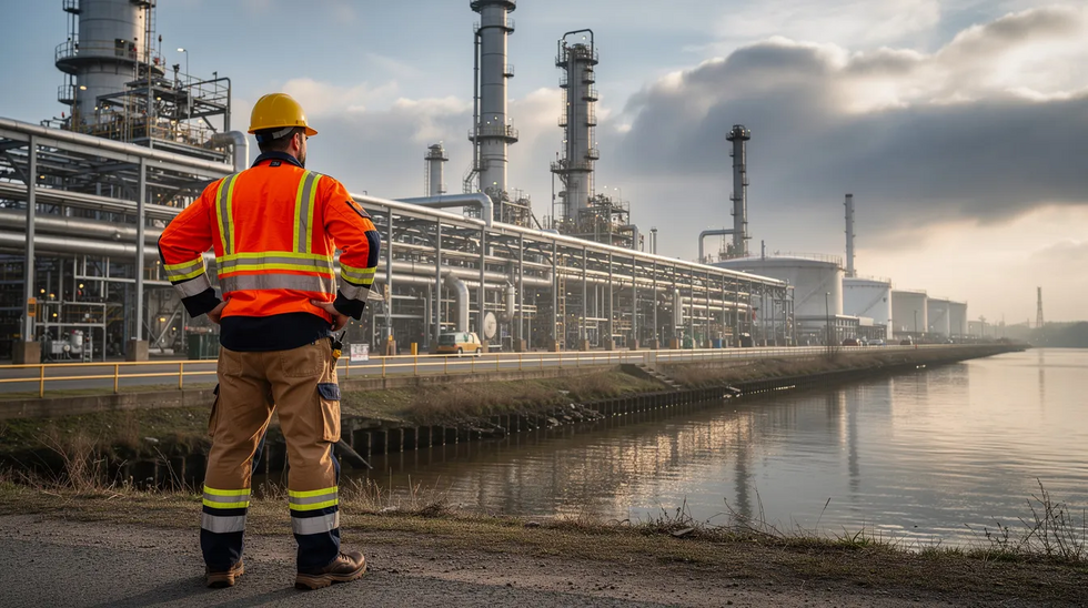 An industrial worker, equipped with a hard hat and safety gear, stands at a refinery site along a river, emphasizing the importance of safety in environments where workplace injuries can occur. This image highlights the role of workers compensation benefits in supporting injured workers in Louisiana after an injury happened on the job.