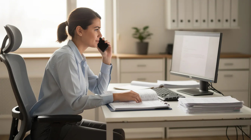 The image depicts a person seated at an office desk, engaged in a phone conversation while surrounded by paperwork and a computer, illustrating the concept of light duty work for injured employees. This setting may represent a scenario where an individual is receiving workers compensation benefits and fulfilling medical restrictions following a workplace injury.