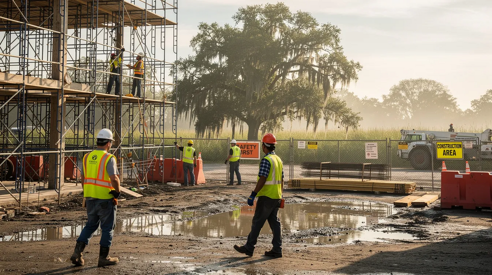 The image depicts a bustling construction site in Southern Louisiana, featuring scaffolding and workers donning safety helmets and vests. These injured workers are engaged in various tasks, emphasizing the importance of workplace safety and the potential need for workers compensation benefits in case of work-related injuries.