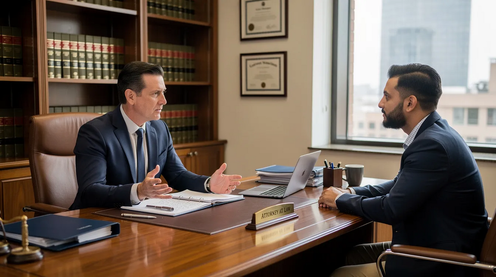 The image depicts a professional attorney consulting with a client in a law office, where they are discussing matters related to workers' compensation claims and legal rights concerning workplace injuries. The attorney is providing guidance on how to navigate the claims process and receive maximum benefits for injured workers in Louisiana.