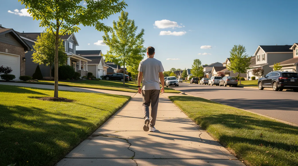 A person is walking down a quiet residential sidewalk in a suburban neighborhood on a sunny day, surrounded by well-kept lawns and houses. This scene could be relevant for workers compensation investigations, as private investigators often gather evidence in public spaces to support or challenge workers comp claims.