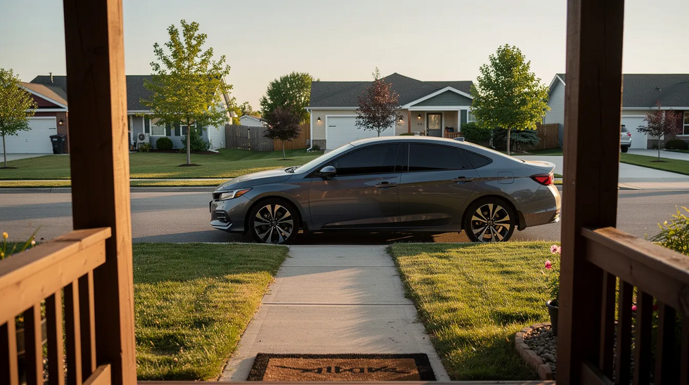 The image shows a parked sedan with tinted windows on a quiet residential street, viewed from a porch perspective, suggesting a potential scenario for workers compensation investigation or surveillance. This setting may evoke thoughts of private investigators gathering evidence for workers comp claims related to accidents that occurred in the vicinity.