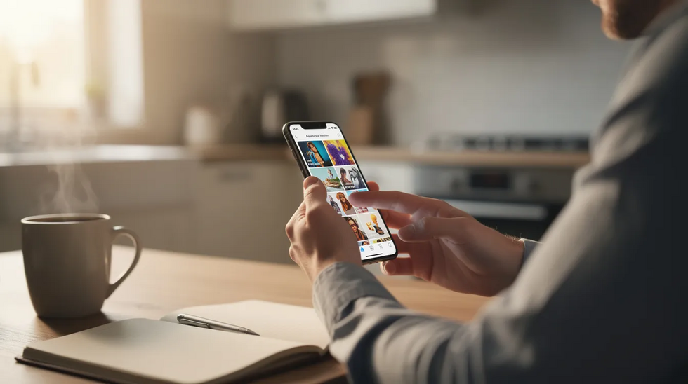 A person is sitting at a kitchen table, holding a smartphone and scrolling through their social media accounts, possibly looking for posts related to workers compensation claims or accident reports. The scene captures the everyday activity of engaging with social media, which can sometimes be relevant in workers comp investigations.