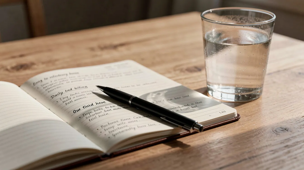 A neatly arranged desk features a notebook and pen alongside a glass of water, indicating someone is journaling their daily activities. This scene suggests a moment of reflection, possibly related to documenting events for a workers compensation claim or gathering evidence for a future investigation.