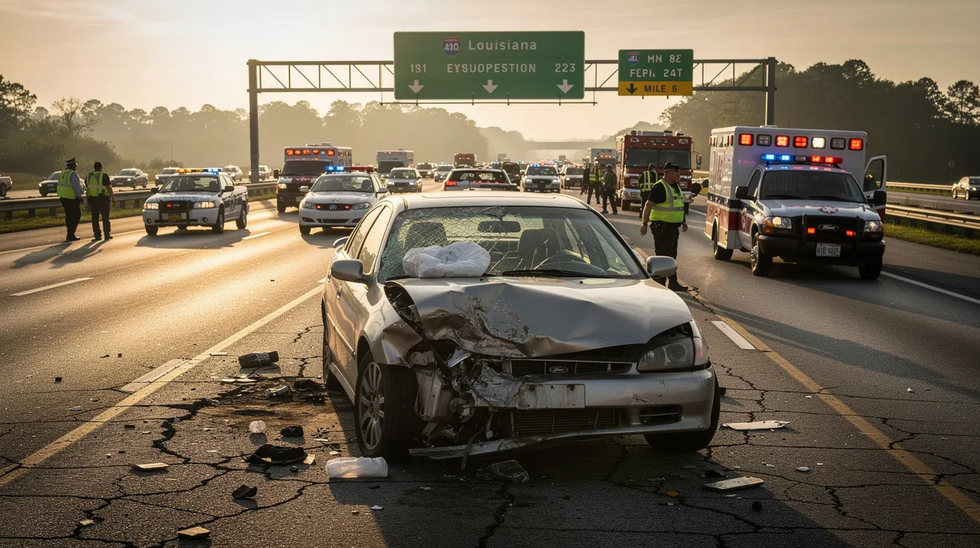 The image depicts a damaged car on a Louisiana highway, surrounded by emergency vehicles responding to the scene of a car accident. This situation highlights the potential for severe injuries and medical expenses that car accident victims may face while navigating personal injury claims under Louisiana car accident laws.