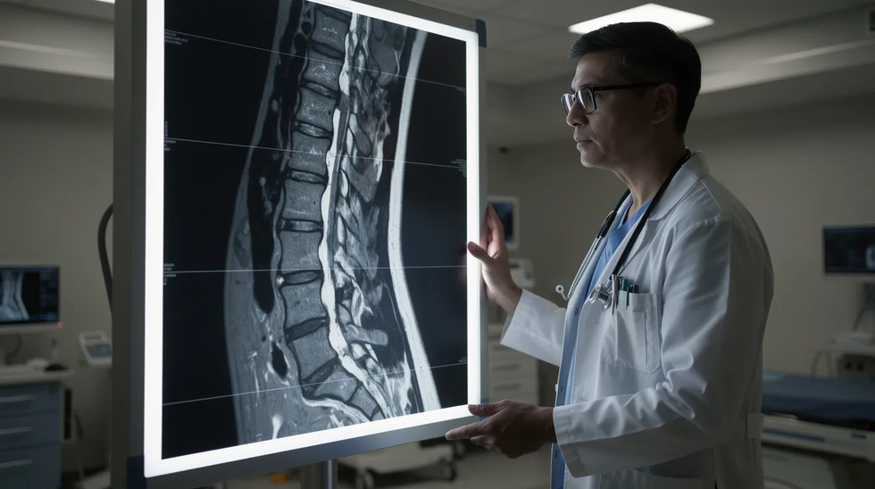 The image shows a medical professional carefully examining an MRI scan of a spine, highlighting the importance of medical treatment in assessing injury severity following a car accident. This analysis is crucial for determining potential medical expenses and future medical needs for car accident victims.