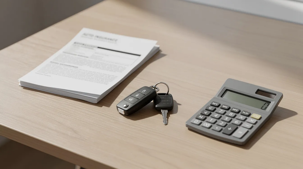 The image shows a set of car keys, insurance documents, and a calculator placed on a desk, symbolizing the financial aspects of car accident claims and the process of recovering compensation for medical expenses and lost income after an accident. This arrangement highlights the importance of understanding insurance coverage and settlement negotiations in personal injury cases.