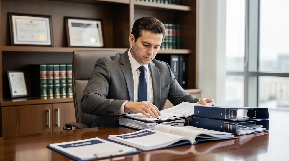 The image depicts an attorney in a well-organized professional office, intently reviewing case files related to personal injury claims, including car accident cases. The attorney is focused on assessing the details of medical bills and potential compensation for clients suffering from severe injuries and emotional distress due to accidents.