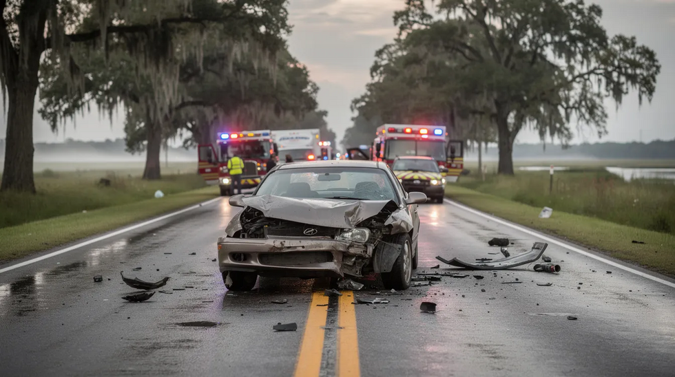 The image depicts a damaged car on a two-lane road in Louisiana, with emergency vehicles in the background responding to a car accident. This scene highlights the aftermath of a collision, which may lead to medical bills and personal injury claims for the injured person involved.