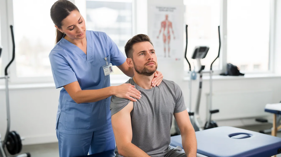 The image depicts a patient undergoing physical therapy focused on their neck and shoulder in a clinic, highlighting the importance of medical treatment for recovery after a car accident. This setting emphasizes the role of health insurance and medical bills in managing the costs associated with physical pain and future medical care for injured individuals.