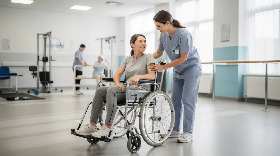 The image shows a person in a wheelchair receiving assistance from a healthcare professional in a medical rehabilitation facility, highlighting the importance of medical treatment for injured individuals. This scene reflects the ongoing journey of recovery and the potential medical expenses involved after a car accident, emphasizing the need for proper health insurance and support.