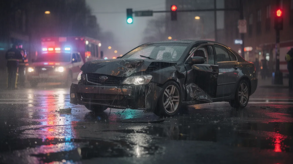 The image depicts a damaged car at an intersection during a rainy evening, with emergency lights flashing in the background, indicating an ongoing investigation of a car accident scene. This visual serves as important evidence for car accident claims, highlighting vehicle damage and the need for police reports to gather evidence for the legal process.