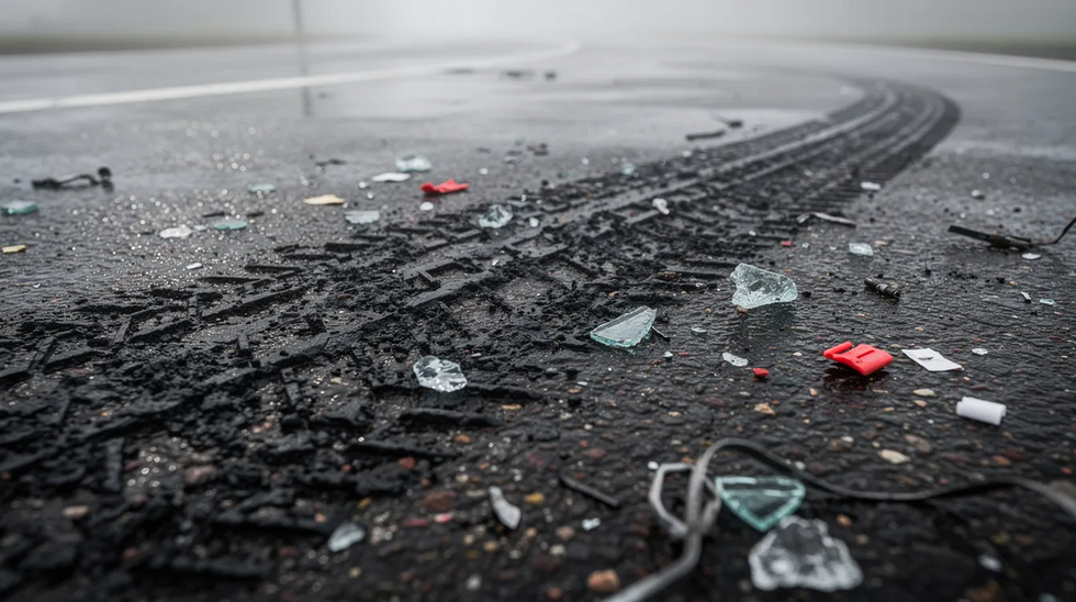 The image shows close-up tire skid marks on a wet asphalt road, accompanied by scattered vehicle debris, indicating a recent car accident. This physical evidence is crucial for police reports and insurance claims related to the crash.