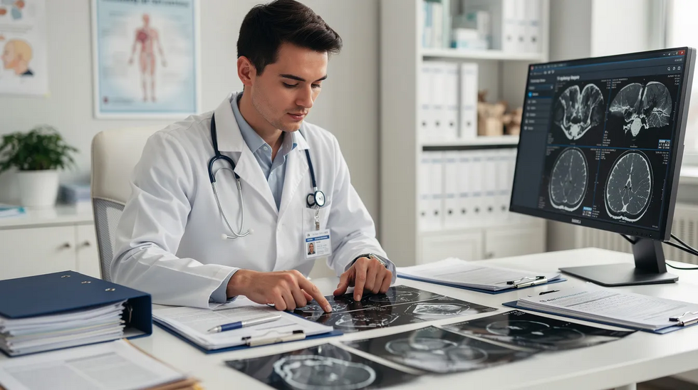 A medical professional is seated at a desk, carefully reviewing patient files and diagnostic images, likely related to personal injury cases from a car accident. This scene highlights the importance of medical records in the claims process, as they are crucial for gathering evidence and determining factors for fair compensation.