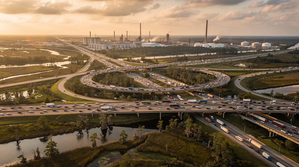 An aerial view captures a bustling Louisiana highway interchange, flanked by wetlands and industrial facilities, illustrating the complex traffic flow and infrastructure. This scene may serve as important evidence in car accident cases, highlighting the surrounding environment where collisions could occur.