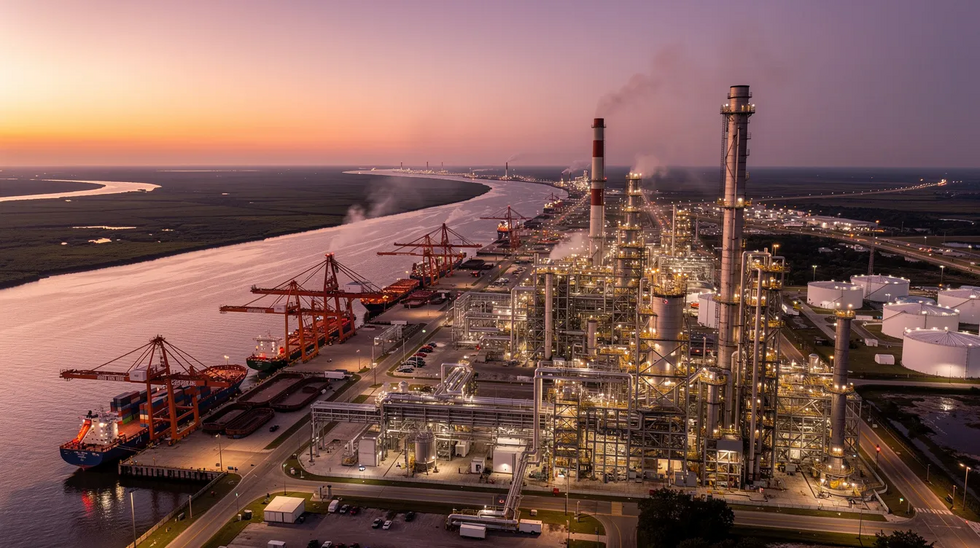 The image depicts an industrial refinery and port area along a Louisiana waterway at dusk, with the sky transitioning to shades of purple and orange. The scene highlights the infrastructure of the refinery, which is crucial for the local economy, especially in relation to workers compensation and the potential death benefits for families affected by work-related incidents.