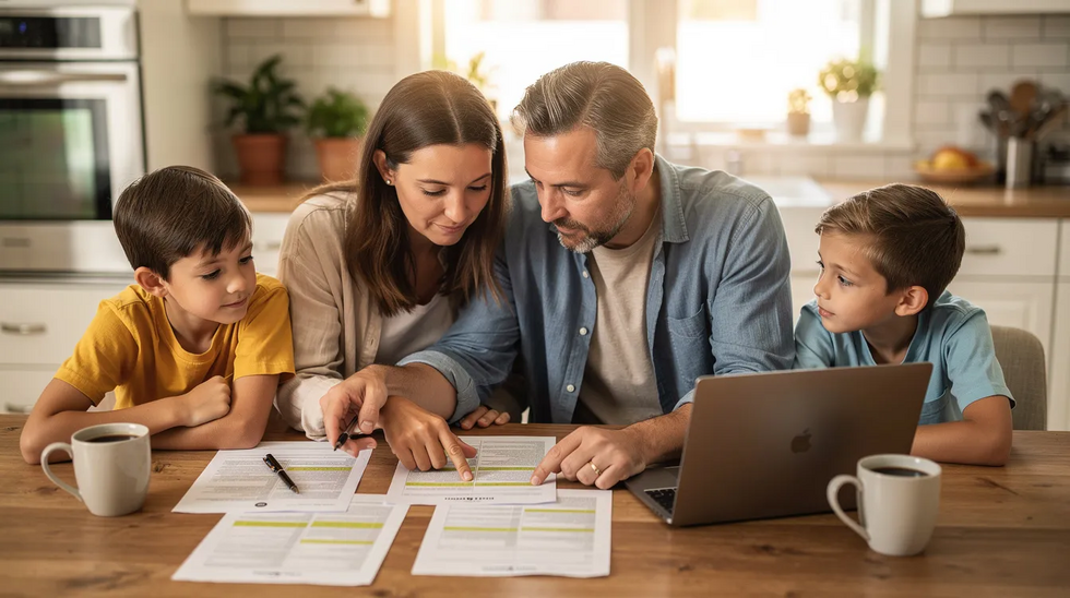 A family is gathered around a kitchen table, reviewing paperwork together, likely discussing important matters such as workers compensation death benefits. The atmosphere suggests they are strategizing on how to claim death benefits to support their surviving family members after the loss of a loved one.