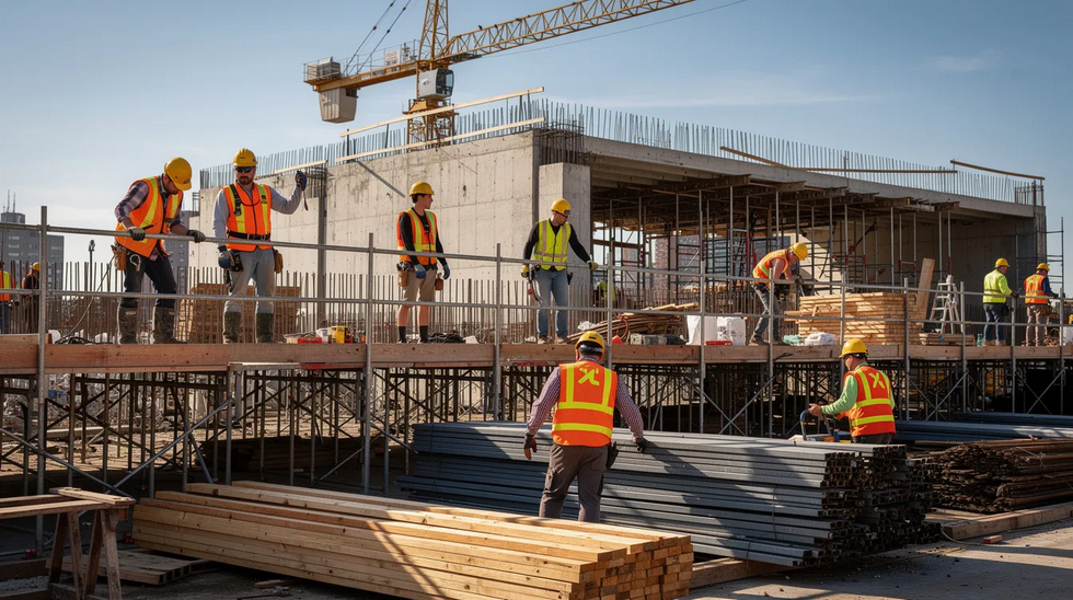 The image shows a busy construction site with several workers wearing hard hats and safety vests, actively engaged on scaffolding. This scene highlights the importance of safety in construction, where workers are at risk of work-related injuries, emphasizing the need for workers compensation and the potential for death benefits for surviving family members in case of accidents.