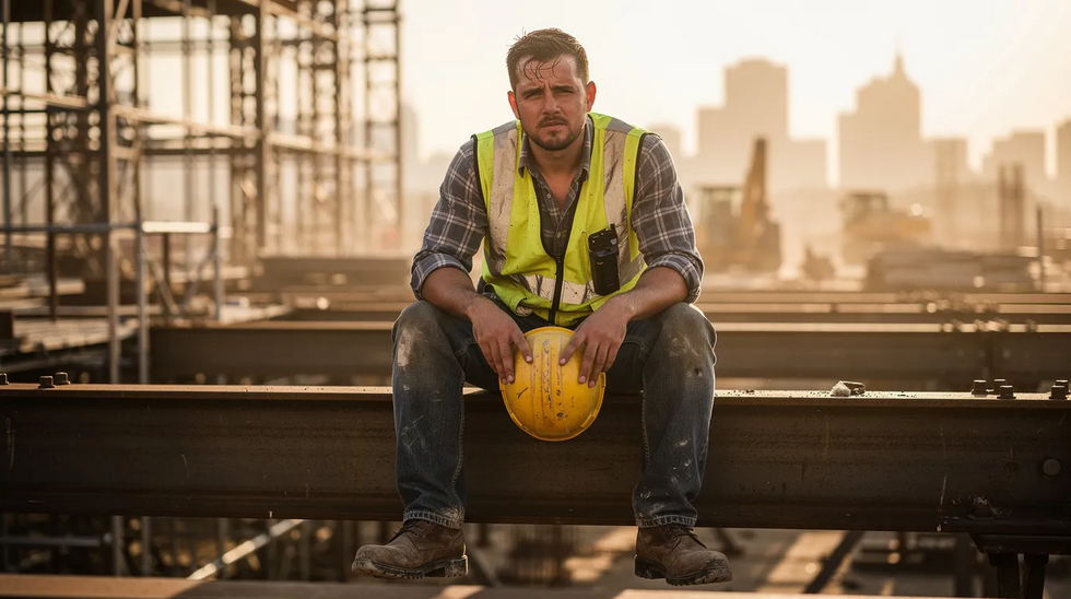 A construction worker sits on a beam at a job site, visibly fatigued and holding his hard hat, reflecting the physical and mental challenges faced by injured workers in Louisiana's workers compensation system. His expression suggests the toll that workplace injuries and mental health conditions can take on employees performing demanding job duties.