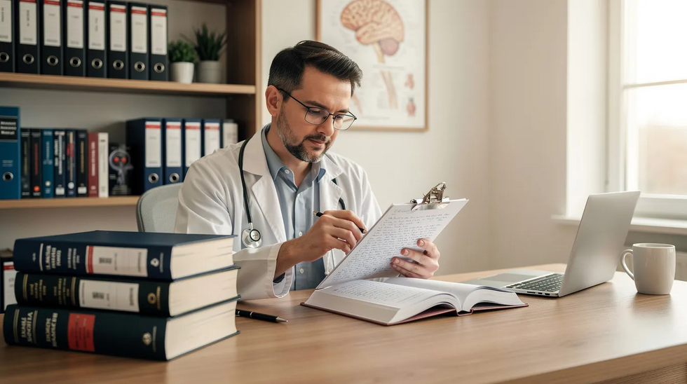 The image shows a psychiatrist seated at a desk, intently reviewing clinical notes, with several medical reference books stacked nearby. This setting highlights the importance of understanding mental health conditions and the necessary medical treatment for injured workers under Louisiana's workers compensation laws.