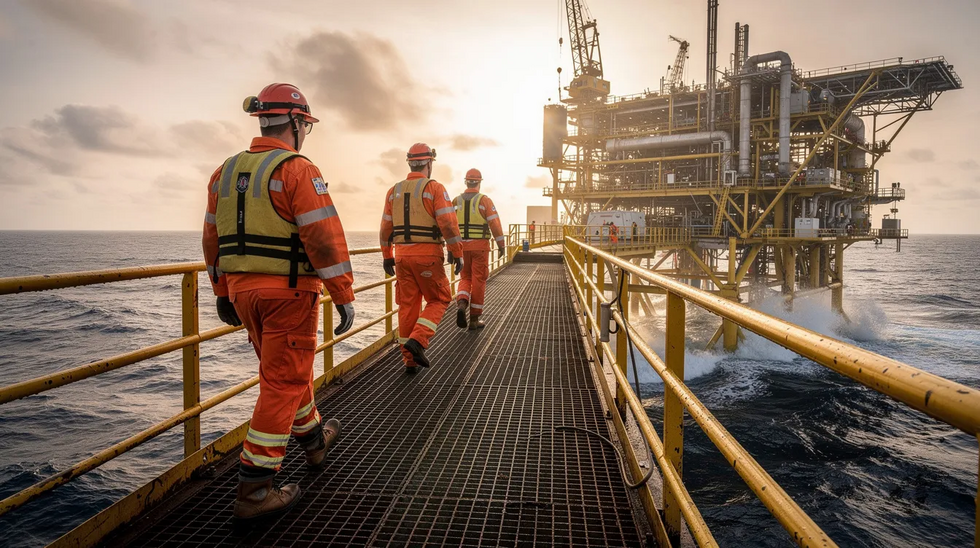 The image depicts offshore oil rig workers in bright safety gear walking along a platform that extends over water, highlighting the importance of safety in high-risk environments. These experienced workers are performing their job duties while adhering to safety protocols, which is crucial for protecting employees and preventing workplace injuries, as outlined in Louisiana's workers compensation laws.
