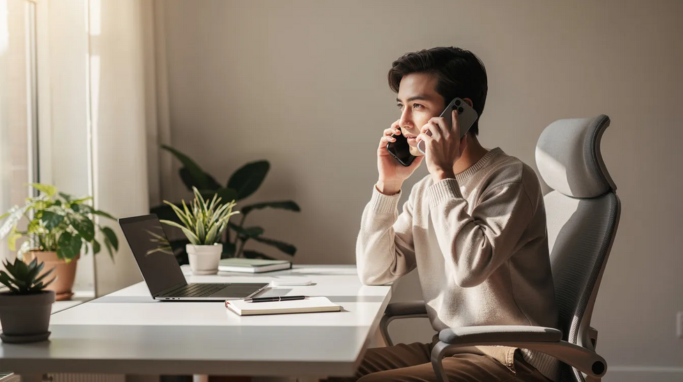 The image shows a person sitting comfortably in a well-lit home office, engaged in a phone call, suggesting a serene work environment. This scene reflects the importance of maintaining mental health while navigating workplace injuries and workers compensation claims.