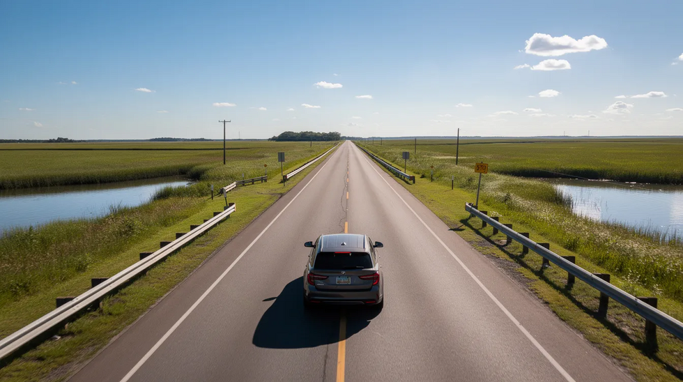 A car is driving along a two-lane highway surrounded by the lush marshland of Louisiana on a bright, sunny day. This scene evokes a sense of freedom and tranquility, contrasting the complexities of navigating workers compensation claims and mileage reimbursement for medical appointments related to workplace injuries.