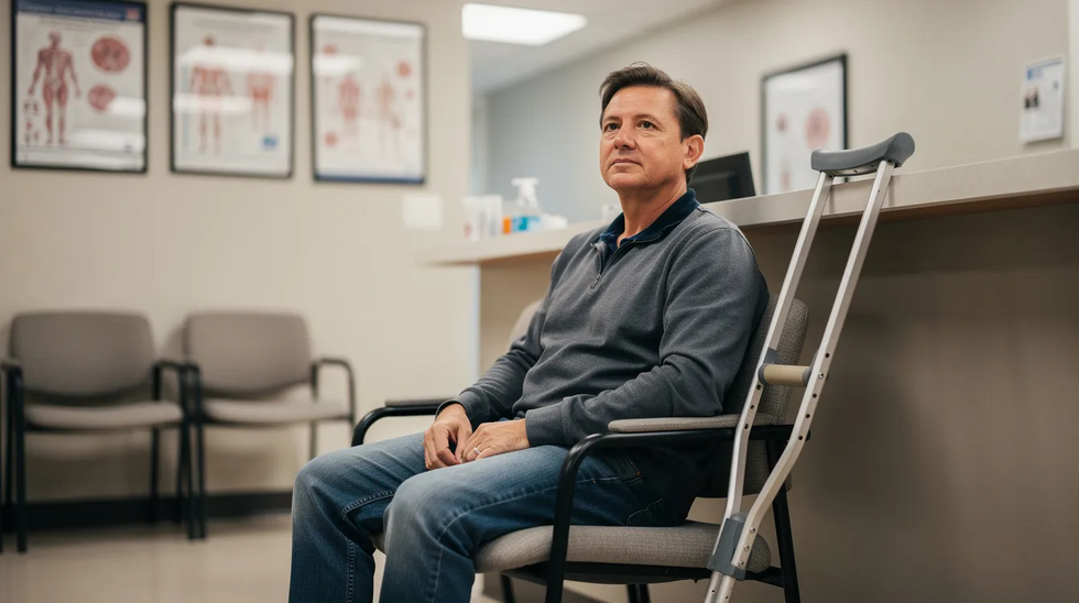 The image shows a person sitting in a medical office waiting room, with crutches resting beside their chair, suggesting they may be an injured worker seeking medical treatment. This scene highlights the importance of medical appointments related to workplace injuries and the potential need for mileage reimbursement under Louisiana workers compensation law.