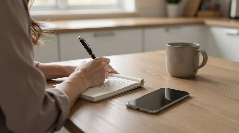 The image shows a person sitting at a kitchen table, diligently writing notes in a small notebook, with a pen and a smartphone nearby. This scene captures the essence of documenting important information, possibly related to workers' compensation claims or medical appointments, in a casual home setting.