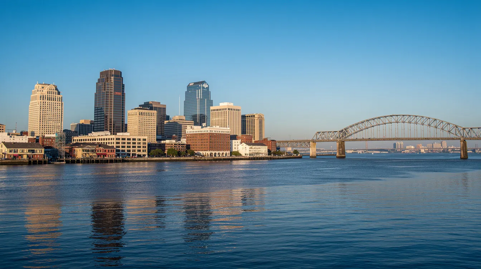 The image depicts the New Orleans skyline on a clear day, featuring the Mississippi River bridge prominently in the background. This vibrant cityscape reflects the charm of Louisiana, where workers compensation laws provide support for injured workers seeking medical treatment and reimbursement for mileage incurred during medical appointments.