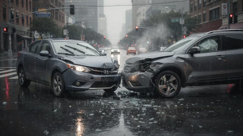 The image depicts two vehicles involved in a collision at an intersection on a rainy day, with visible damage indicating a serious car accident. The scene highlights the potential risks of uninsured drivers on Louisiana roads and the importance of motor vehicle liability security in recovering damages from such motor vehicle accidents.