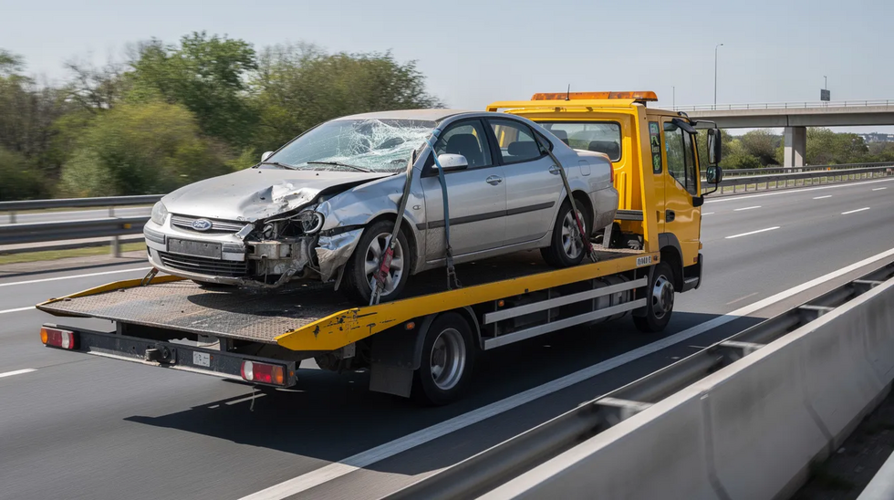 The image shows a flatbed tow truck transporting a wrecked sedan along a highway, highlighting the aftermath of a motor vehicle accident. This scene underscores the importance of auto insurance coverage and the potential for uninsured drivers to face significant financial consequences, including property damage and bodily injury claims.