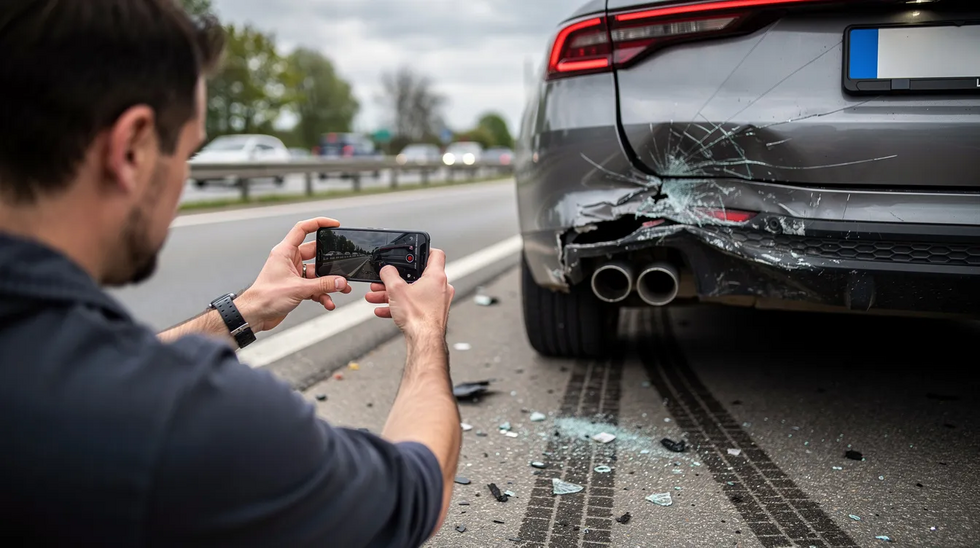The image shows a person kneeling by the side of a road, carefully photographing the damage to a vehicle with a smartphone, likely in the aftermath of a motor vehicle accident. This scene emphasizes the importance of documenting property damage, especially in situations involving uninsured drivers and potential bodily injury claims.