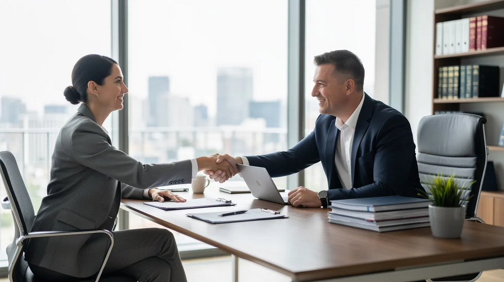 The image depicts a professional attorney shaking hands with a client across a sleek desk in a modern office, symbolizing the partnership in navigating legal matters related to car accidents and uninsured drivers. The setting reflects a welcoming atmosphere for discussions on motor vehicle liability and personal injury lawsuits.