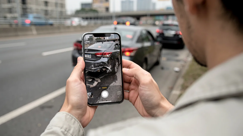 A person is using a smartphone to capture images of vehicle damage on a highway after a car accident, highlighting the importance of documenting evidence for rental car accident claims. The scene suggests a focus on the vehicle's condition, which is crucial for insurance coverage discussions with the rental car company and any potential legal guidance from a Louisiana car accident lawyer.