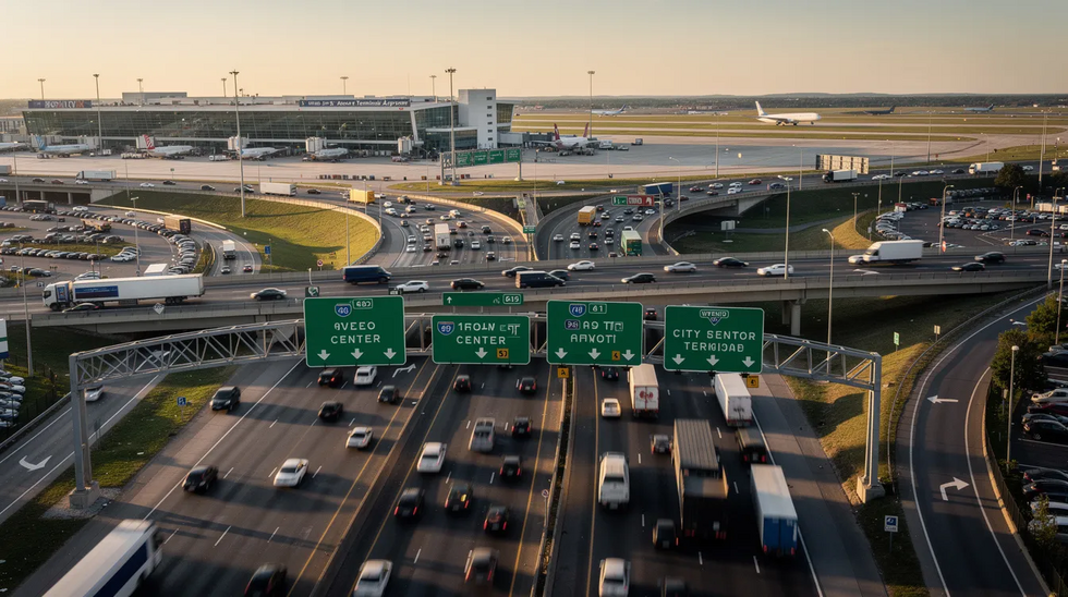 The image depicts a bustling highway interchange adjacent to a major airport, showcasing multiple lanes of traffic and various road signs. This scene could be relevant for rental car drivers and those involved in rental car accidents, emphasizing the importance of understanding insurance coverage and legal responsibilities in Louisiana.