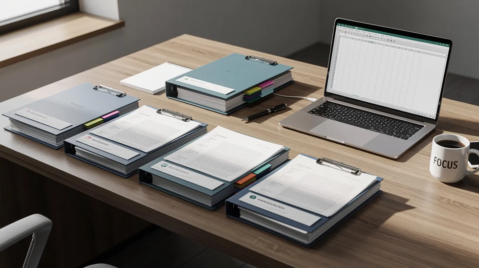 The image depicts a neatly organized desk with folders and paperwork arranged beside a laptop computer, suggesting a workspace focused on handling tasks related to rental car accident claims. The materials may include documents related to insurance coverage, rental car contracts, and legal guidance for individuals involved in rental car accidents in Louisiana.