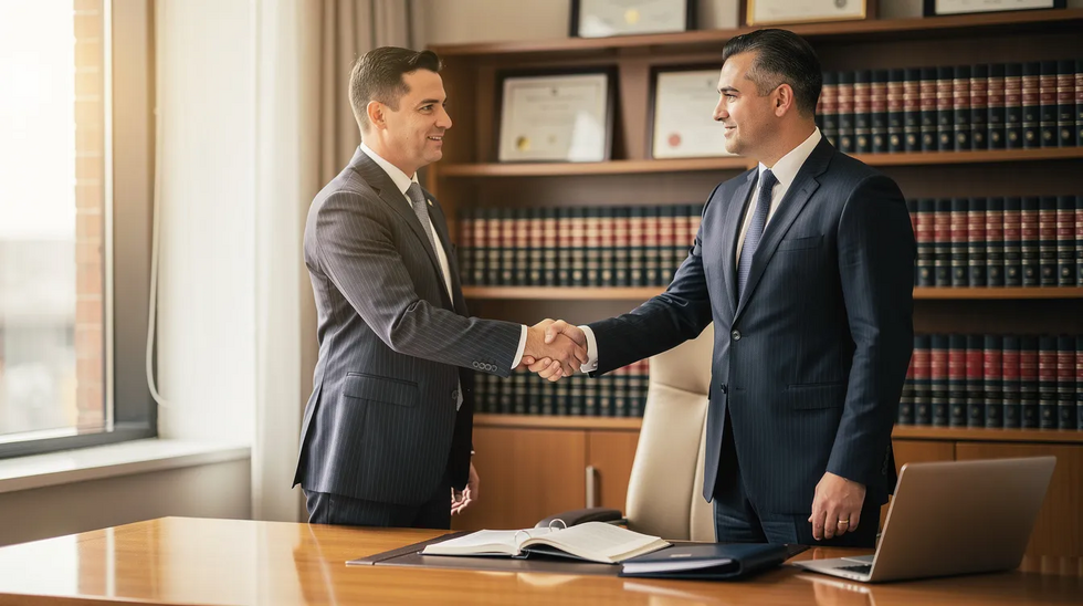 The image depicts a professional attorney shaking hands with a client in an office, surrounded by shelves filled with legal books. This scene conveys a sense of trust and legal guidance, important for those dealing with rental car accident claims in Louisiana.