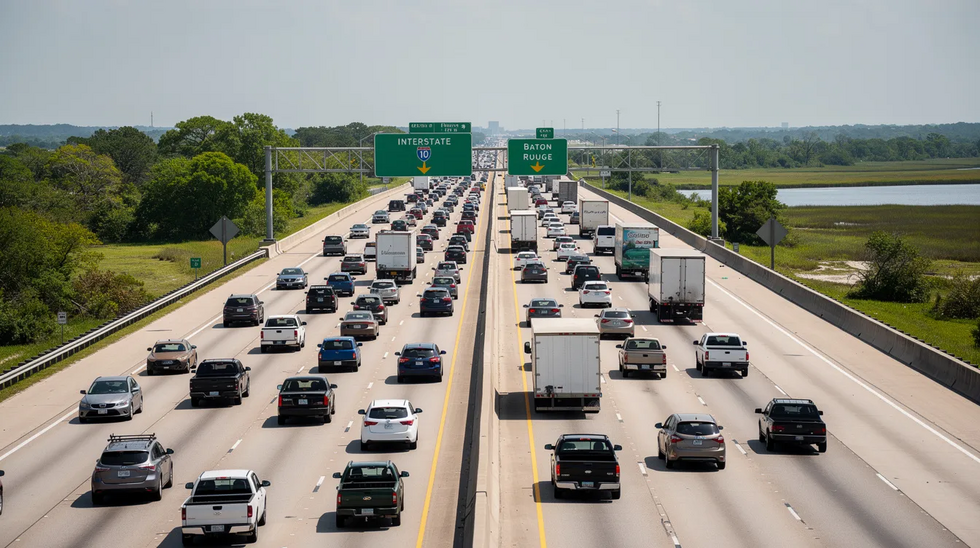 The image depicts a busy Louisiana interstate highway filled with multiple lanes of vehicles and various highway signs, illustrating the heavy traffic typical on these roads. This scene highlights the potential for car accidents to occur, emphasizing the importance of understanding car accident laws and insurance coverage in Louisiana.