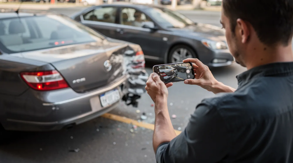 The image shows a person at a car accident scene in Louisiana, using a smartphone to document vehicle damage for insurance claims. This action is crucial for personal injury cases and helps in recovering fair compensation from the insurance company.