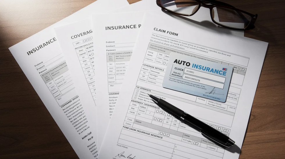 The image shows a cluttered desk filled with various insurance documents, including an auto insurance card, highlighting the complexities of dealing with car accident claims. This scene reflects the necessary paperwork involved in navigating insurance coverage and personal injury cases following a motor vehicle accident.