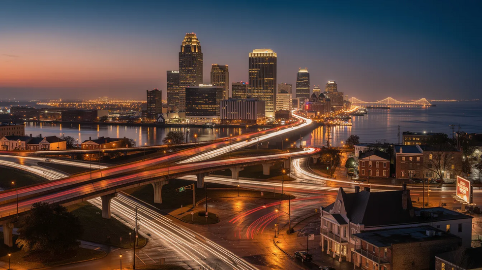 The image depicts a bustling New Orleans highway interchange at dusk, with vibrant city lights illuminating the scene in the background. This setting highlights the busy nature of Louisiana roads, where car accidents can happen, making it essential for drivers to be aware of their insurance coverage and potential personal injury claims.