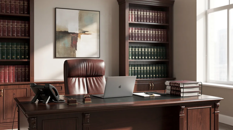 The image depicts a professional attorney's office featuring a desk, a phone, and shelves filled with legal books, all in a bright and inviting room. This setting reflects a legal environment where clients may seek advice on personal injury claims related to car accidents, including issues like insurance coverage and fair compensation under Louisiana law.