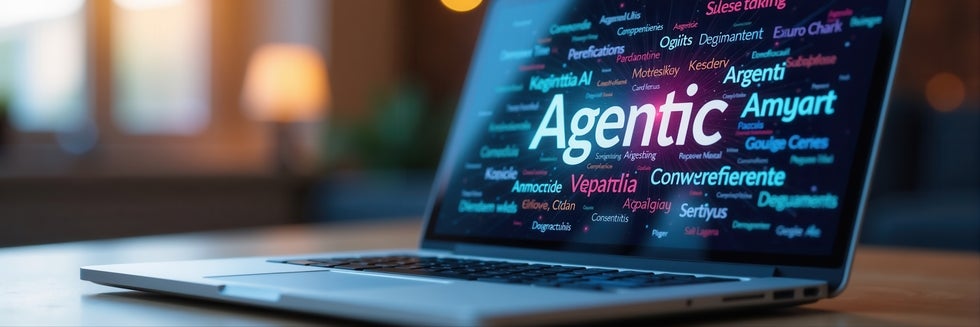 "Computer screen showing image of 'Agentic' text with background of related words and phrases."