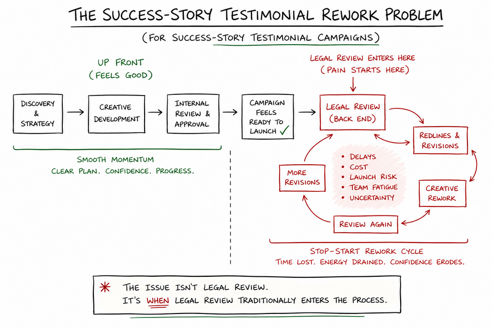 "A hand-drawn image that illustrates the process flow of a success-story tesimonial ad campaign that results in rework."