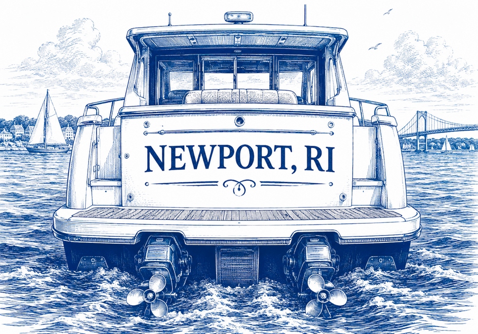 Newport Boat Accident Lawyer maritime injury illustration featuring a vessel transom marked Newport, RI in Narragansett Bay